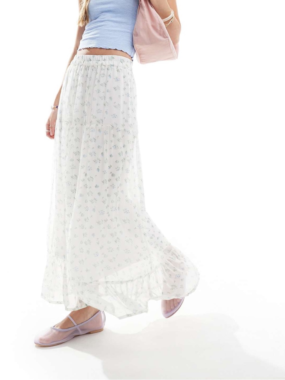 Vero Moda White Maxi Skirt with Light Blue and Green Florals and Ruffles XS NWT - Picture 7 of 8